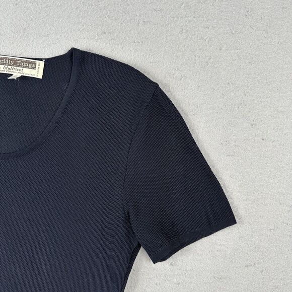 Worldly Things Styltricot‎ Knit Top Women’s 6 Navy Blue Short Sleeve Scoop Neck - Picture 3 of 16